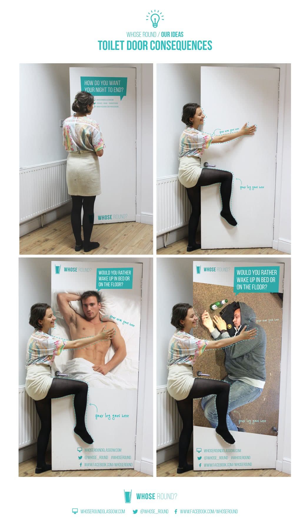 Girl hugging a door where there is an image of an attractive guy and then another with a drunken guy