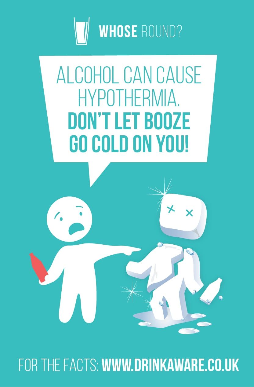 Illustration of stick figures, one sees the other turning into a block of ice due to alcohol induced hypothermia