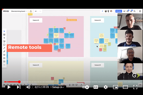 Screenshot from a youtube video about remote ways of working showing a team in a call working on Miro
